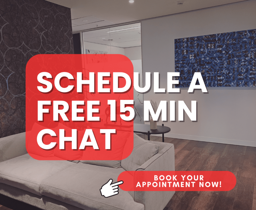 The image features a sleek white mouse pointer hovering over a vibrant button that reads "Book Now." Beneath the button, bold text invites viewers to schedule a free 15-minute chat to discuss Real Estate Health Check Compliance.